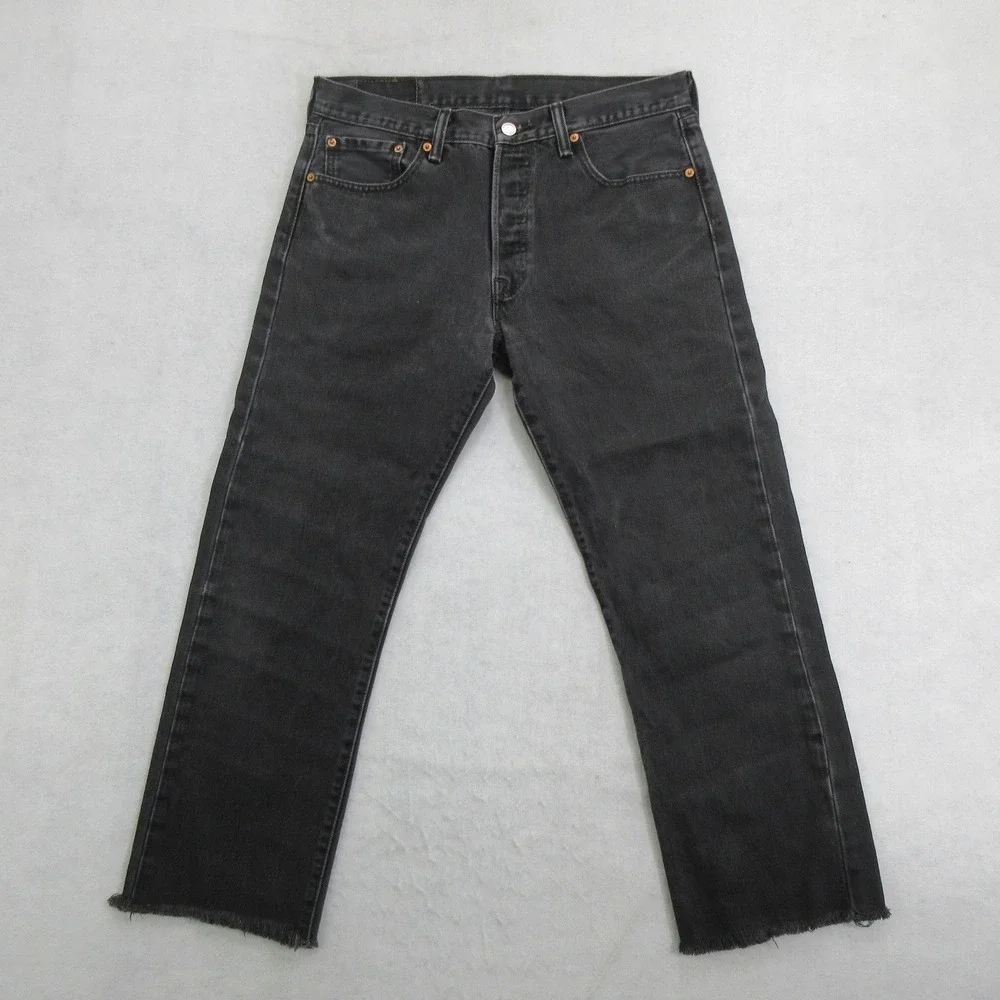 Levis 501 Mens 33x26 Black Jeans Button Fly Raw Hem Cropped